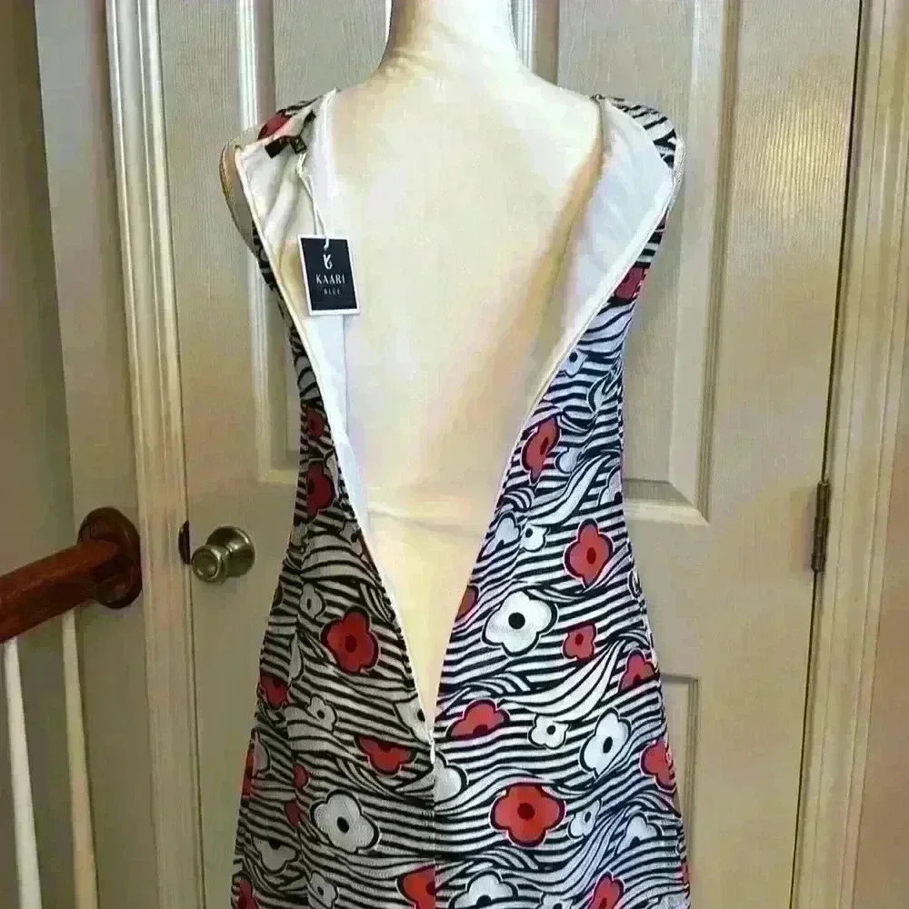Kaari Blue NWT Navy Blue, White & Pink Floral Sleeveless Sheath Dress Women Sz 2 - Picture 7 of 14